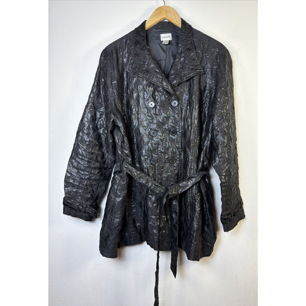 Chico's 3 Small Black Jacket Trench shiny Quilted Lightweight Belted party XL - Picture 2 of 11